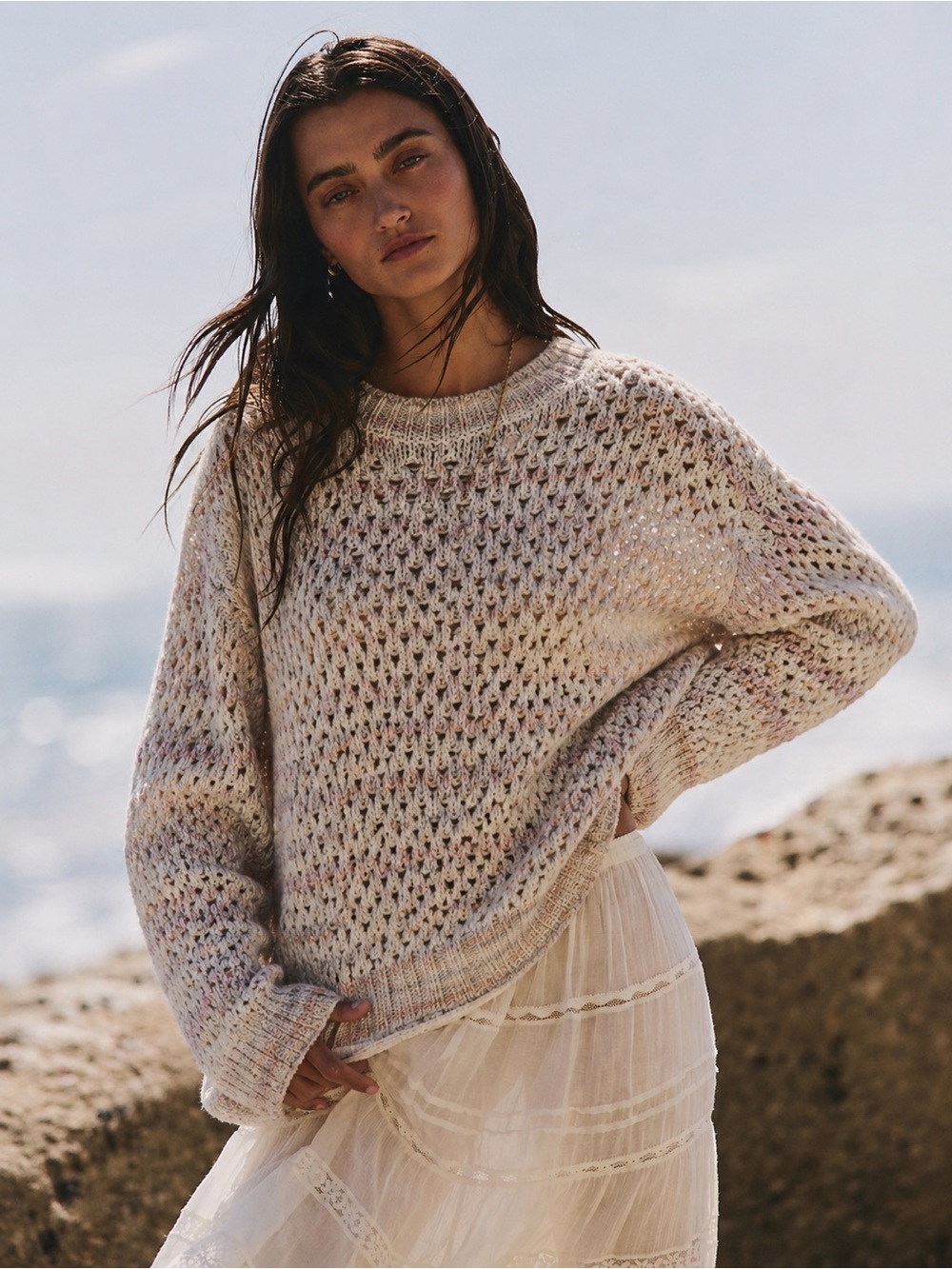 Anthropologie 2023 Open Knit Fisherman Sweater Cream Multicolor XS Fall Boho